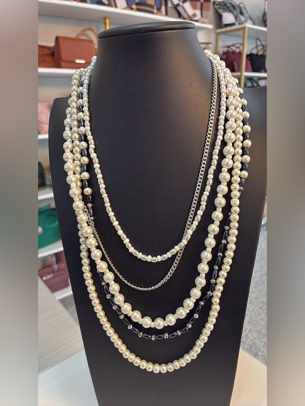 Multi-Strand Pearl Style & Chain Necklace - Ivory/Black